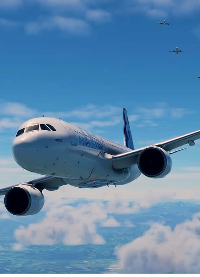 Android Microsoft Flight Simulator 桌布 壁紙 — 一架白色的法國航空空中巴士A350在蓬鬆的雲層上方翱翔，另外三架噴射機在明亮的藍天中尾隨。