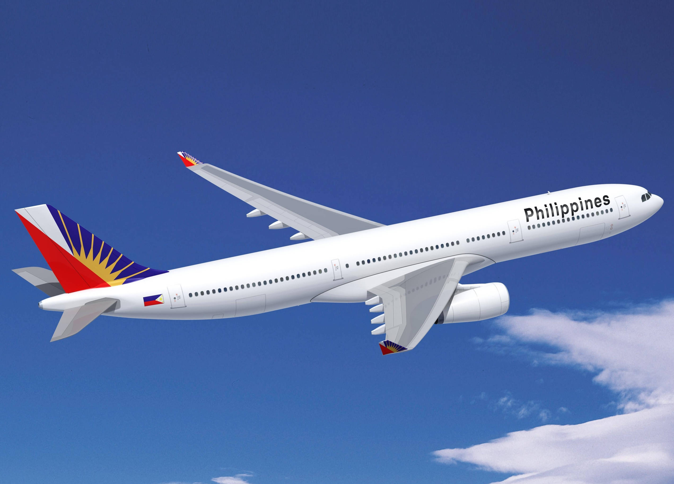 Philippines 桌布 壁紙 — 一架白色的菲律賓航空空中巴士A330在晴朗的藍天中翱翔，下方有蓬鬆的白雲。