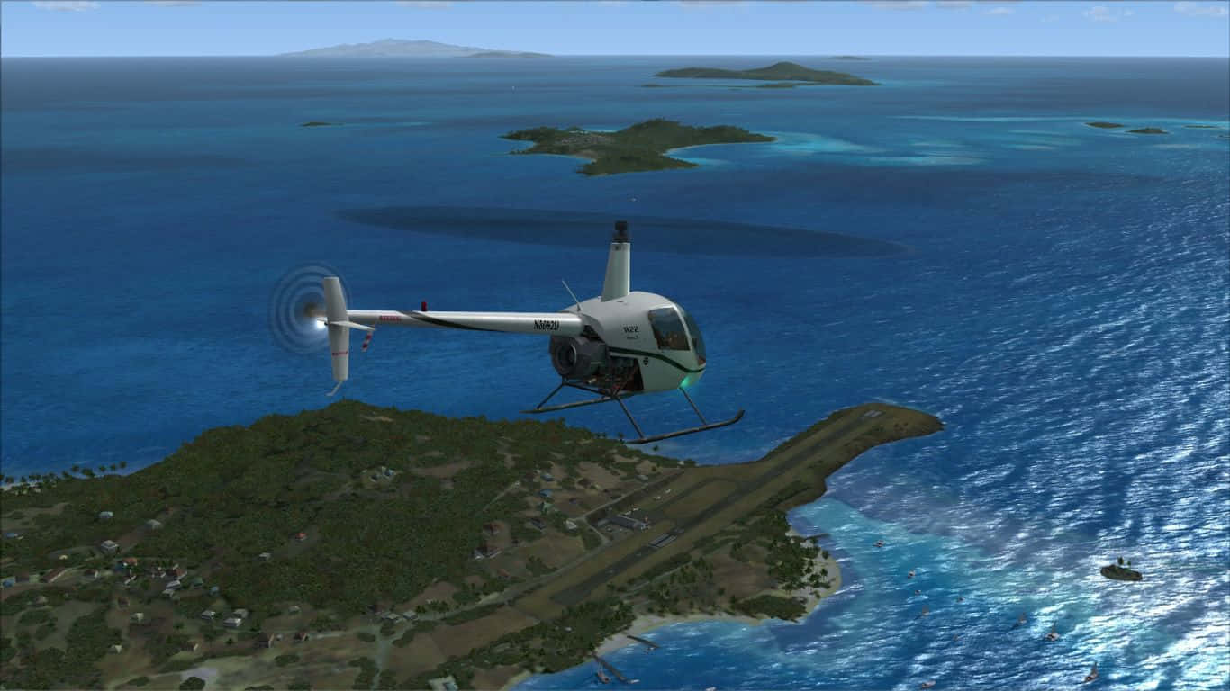 flying 桌布 壁紙 — 一架白色直升機盤旋在熱帶島嶼上空，島嶼周圍有碧綠的海水和一條從海岸延伸出來的跑道。