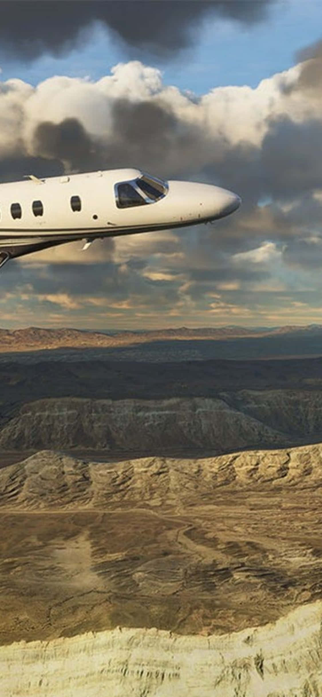 iPhone Xs Microsoft Flight Simulator 桌布 壁紙 — 一架白色私人噴射機在戲劇性的多雲天空下，翱翔於崎嶇的沙漠峽谷之上。