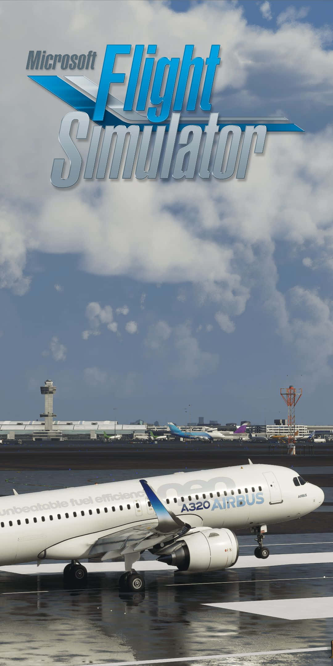 Pixel 3 Microsoft Flight Simulator 桌布 壁紙 — 一架白色空中巴士A320停在濕滑的停機坪上，天空多雲，背景有機場建築物和管制塔。