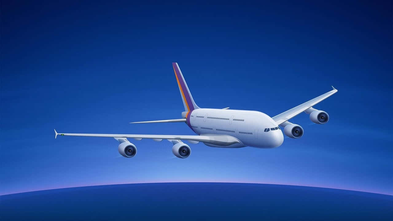  壁紙 — 一架白色空中巴士A380在深藍色暮色天空的襯托下，優雅地翱翔於地球彎曲的地平線之上。