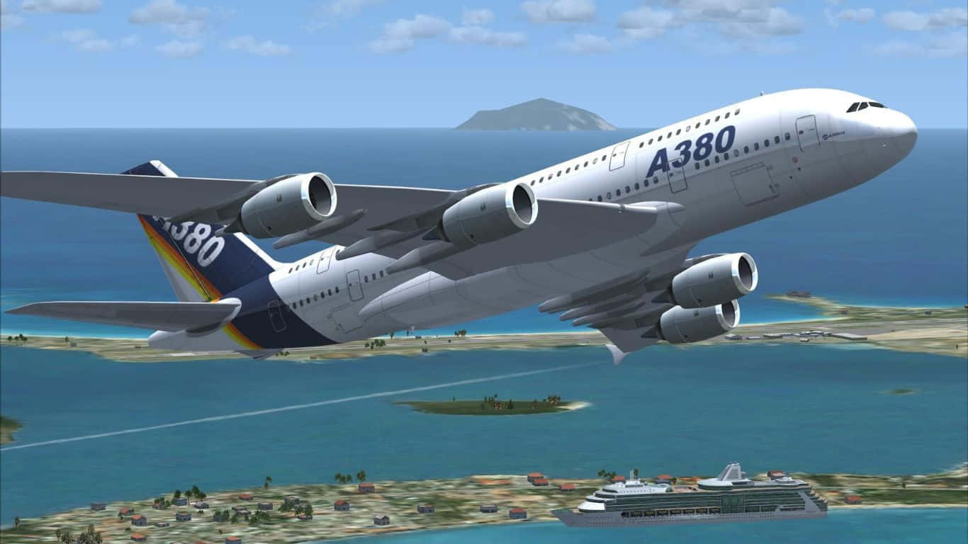 flying 桌布 壁紙 — 一架白色空中巴士A380在清澈藍天下翱翔於碧綠海水之上，下方有郵輪和熱帶島嶼。