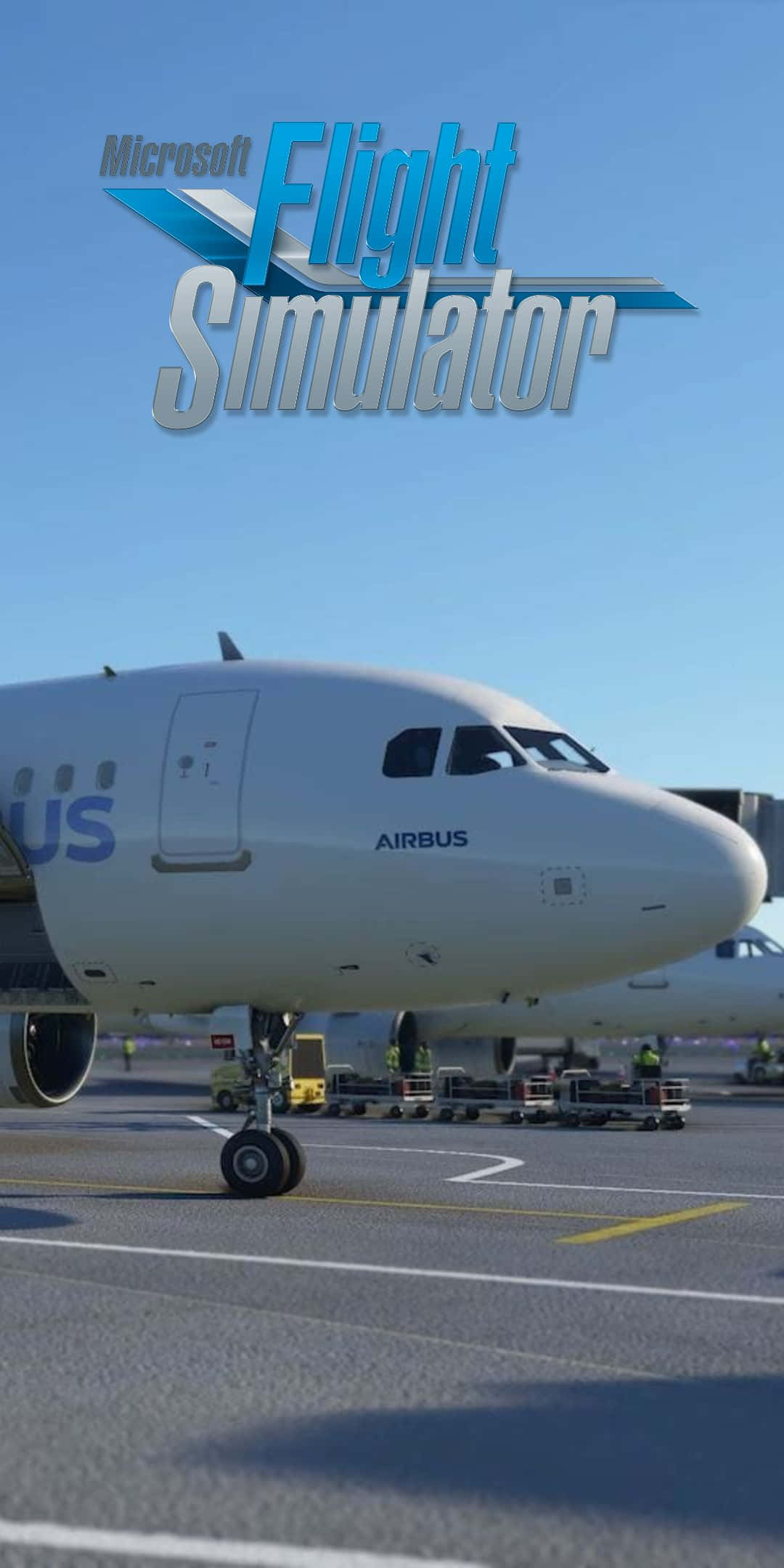 Pixel 3 Microsoft Flight Simulator 桌布 壁紙 — 一架白色空中巴士飛機停在陽光明媚的機場停機坪上，附近有地勤人員和設備，天空清澈湛藍。