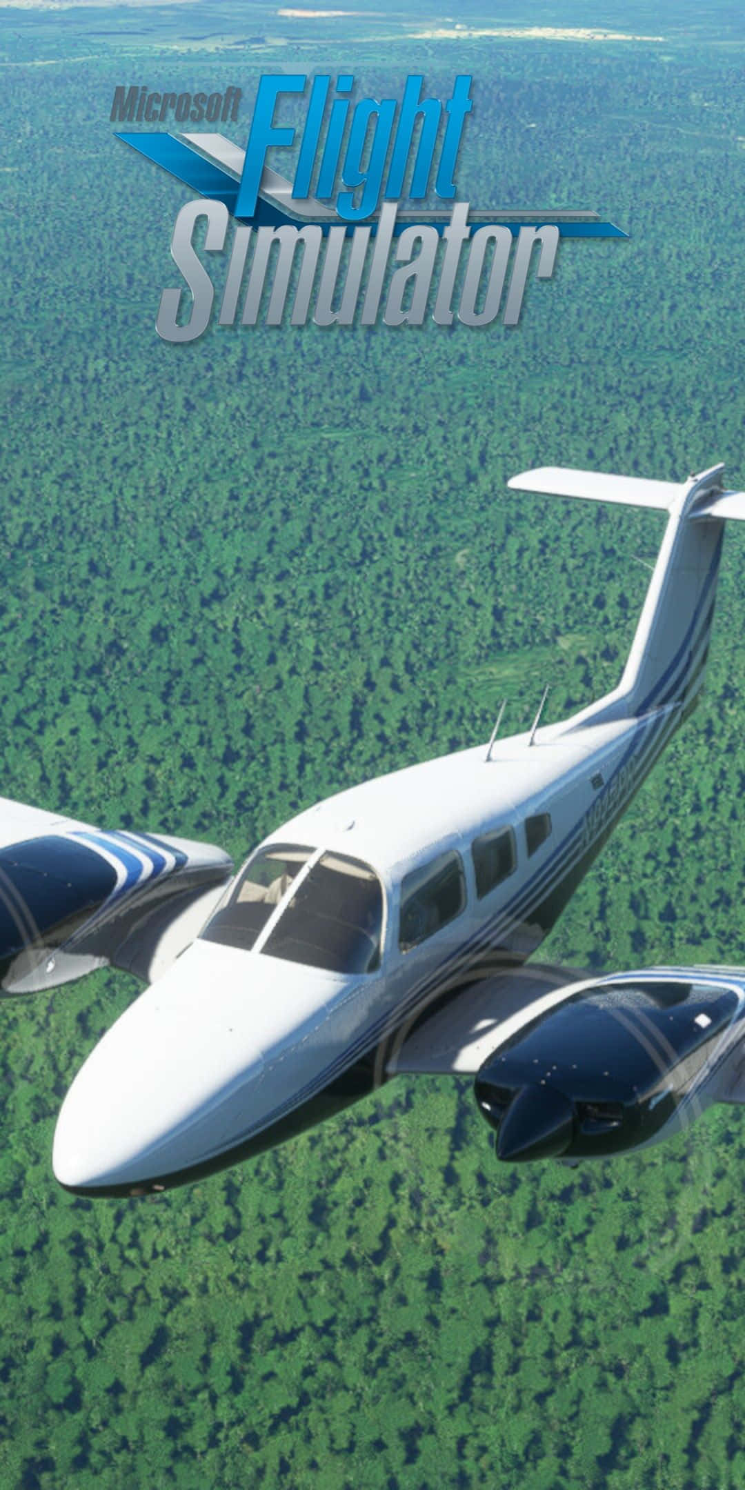 Pixel 3 Microsoft Flight Simulator 桌布 壁紙 — 一架白色雙引擎飛機在晴朗的天空下翱翔於茂密的綠色森林之上，並帶有「Microsoft Flight Simulator」標誌。