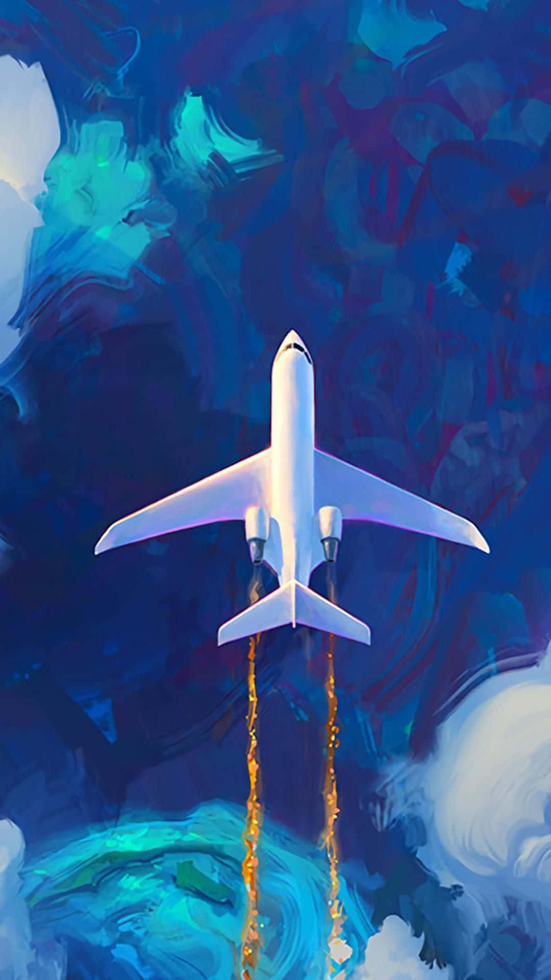 Android Small Planes 桌布 壁紙 — 一架白色飛機穿過充滿活力的抽象天空上升，帶有熾熱的排氣痕跡，背景是旋轉的藍色和藍綠色雲層。