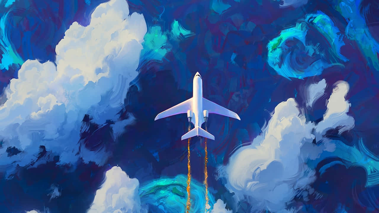 720p Plane 桌布 壁紙 — 一架白色飛機穿過旋轉的藍白雲層，拖著熾熱的尾跡，在如畫的天空中攀升。