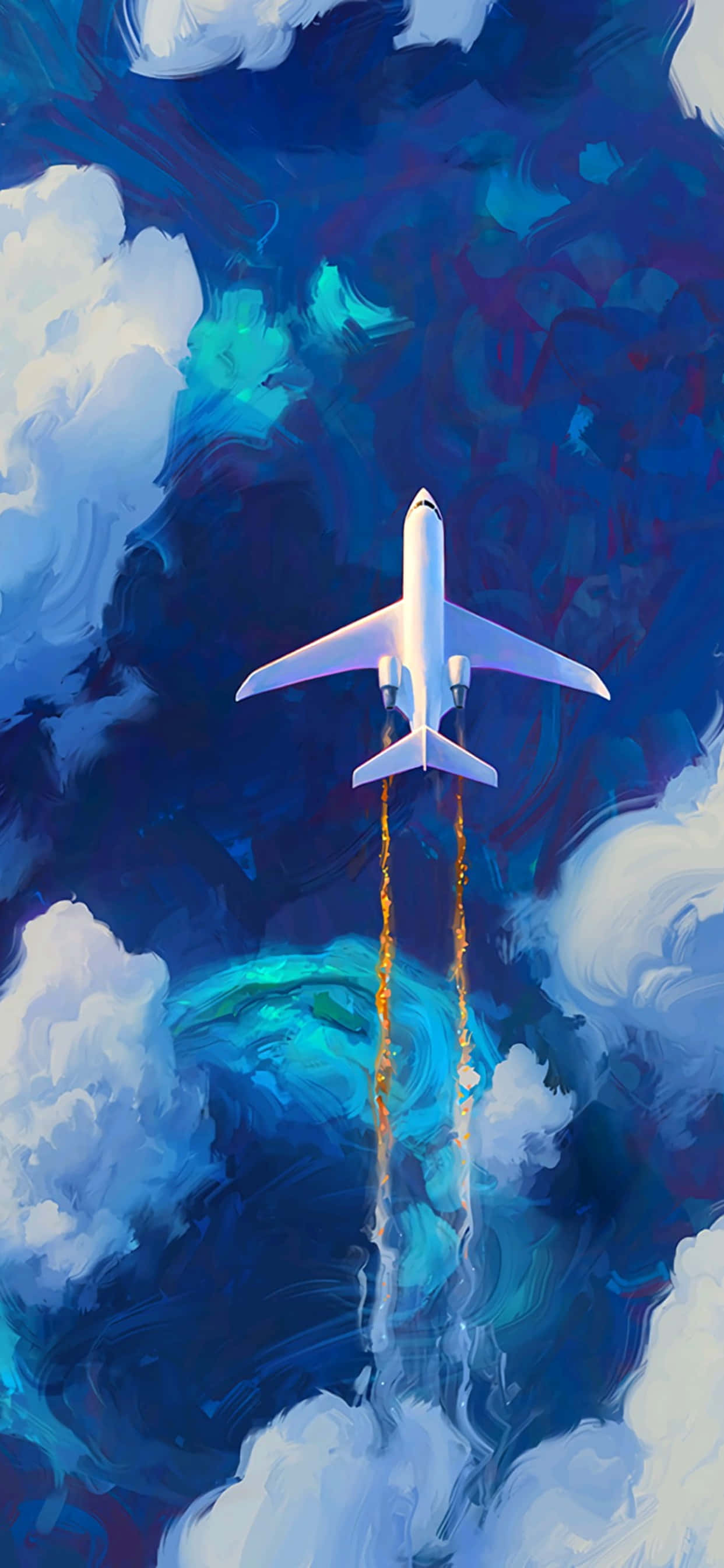 iPhone Xs Max Small Planes 桌布 壁紙 — 一架白色飛機穿過旋轉的藍色和藍綠色雲層上升，下方帶有熾熱的排氣痕跡。