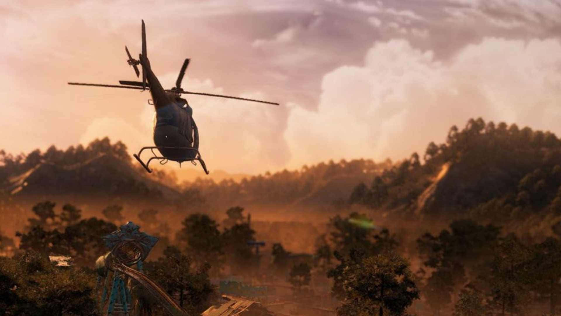 HD Far Cry New Dawn 桌布 壁紙 — 一架直升機在日落時分盤旋於森林覆蓋的山谷上空，在樹木和山丘上投下長長的陰影。