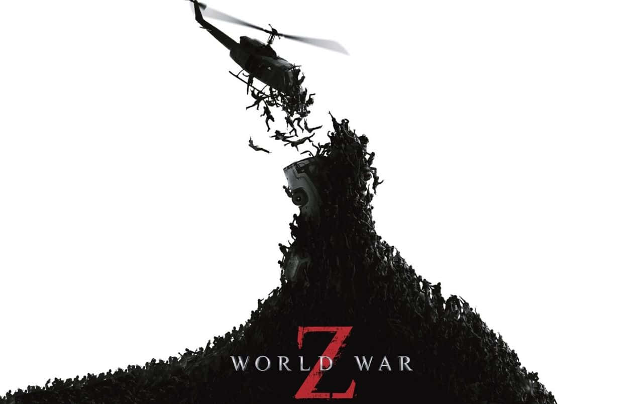 World War Z 桌布 壁紙 — 一架直升機將大量殭屍人物傾倒到高聳的亡靈堆上，背景為純白色。