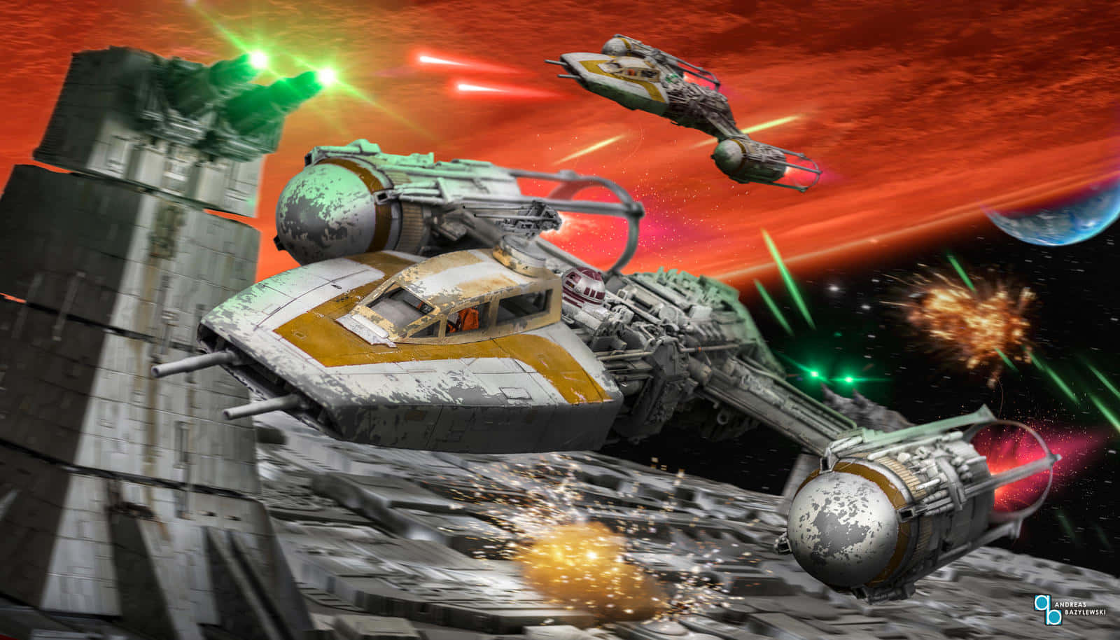 The Battle Of Yavin 桌布 壁紙 — 一架破損的星際戰鬥機在熾熱的紅色星雲和爆炸碎片中向敵艦發射綠色雷射。