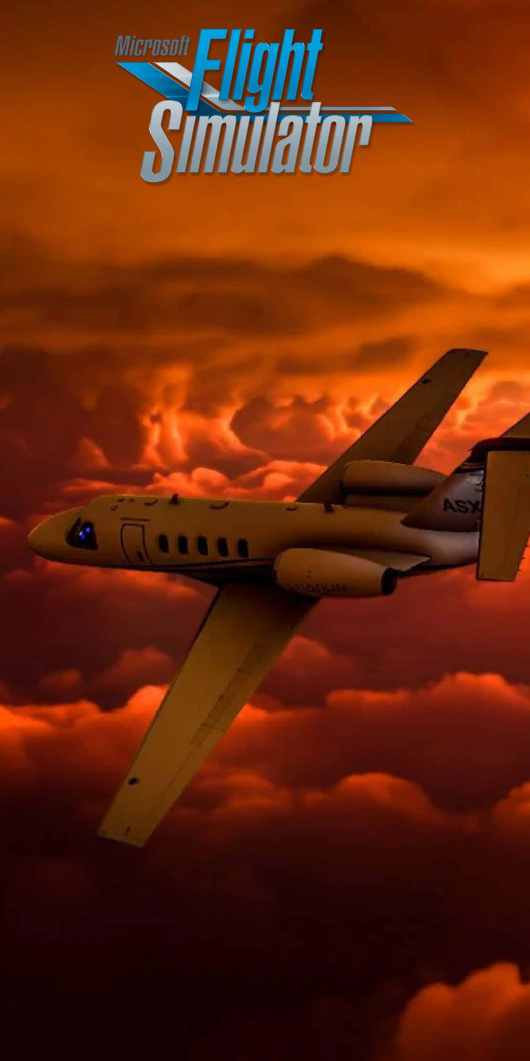 Pixel 3 Microsoft Flight Simulator 桌布 壁紙 — 一架私人飛機在壯麗的日落中翱翔於火紅的橙色雲層之間，上方有Microsoft Flight Simulator標誌。