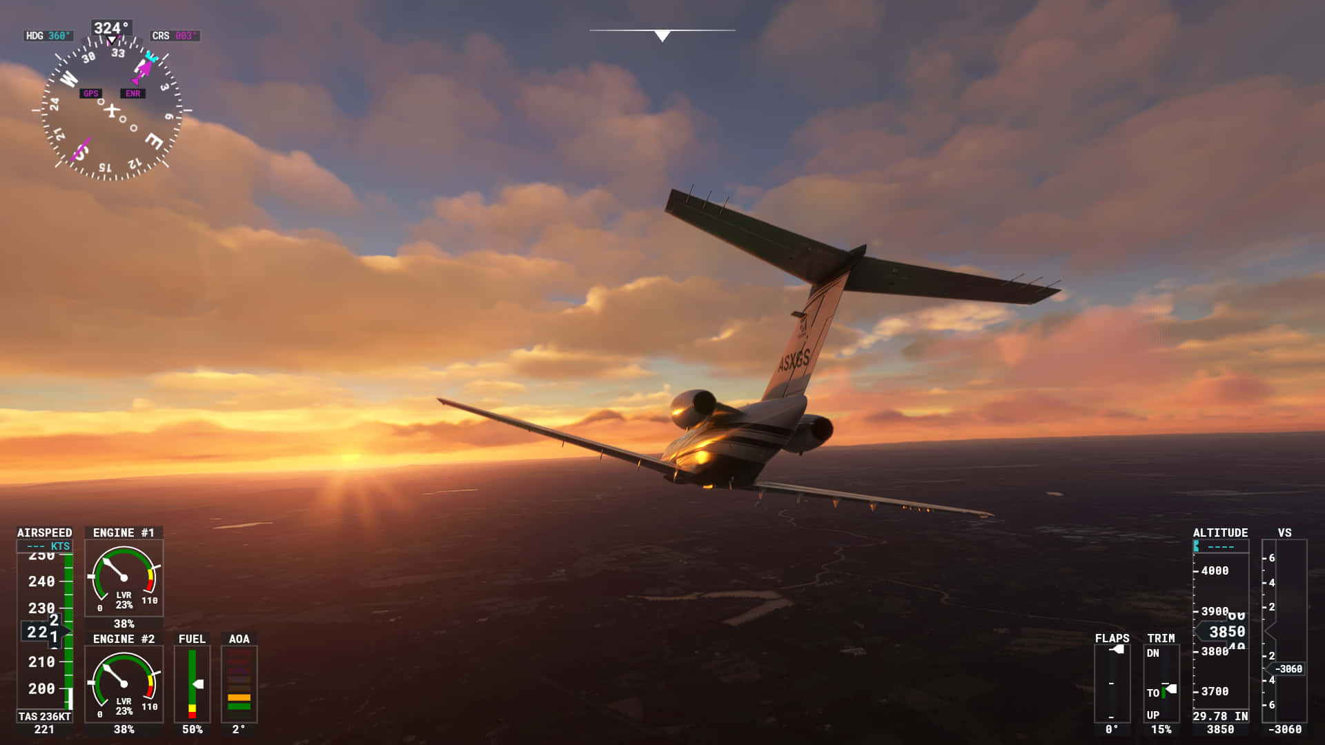 1080p Microsoft Flight Simulator 桌布 壁紙 — 一架私人飛機在日落天空中翱翔，駕駛艙儀表在金色雲層地平線的映襯下清晰可見。