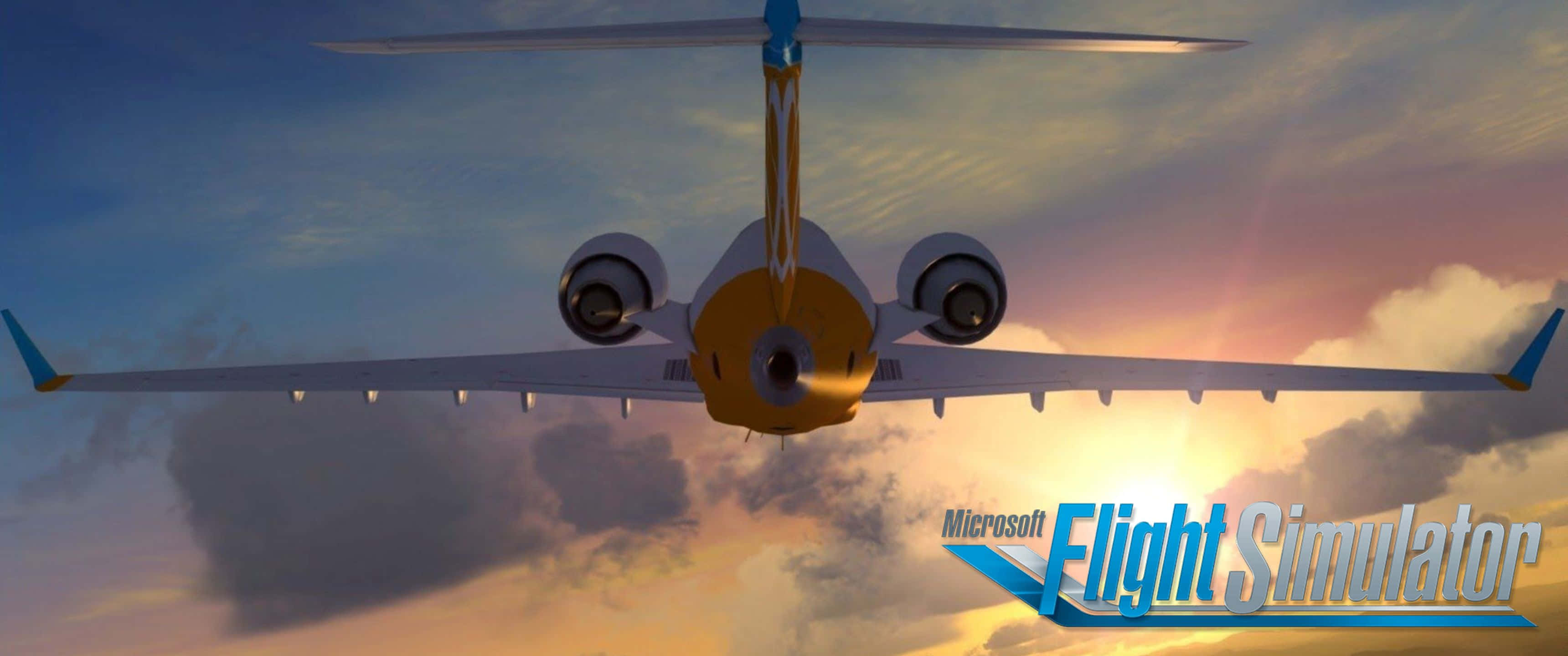3440x1440p Microsoft Flight Simulator 桌布 壁紙 — 一架私人飛機在色彩繽紛的日落天空中翱翔，雲朵被溫暖的色調照亮。