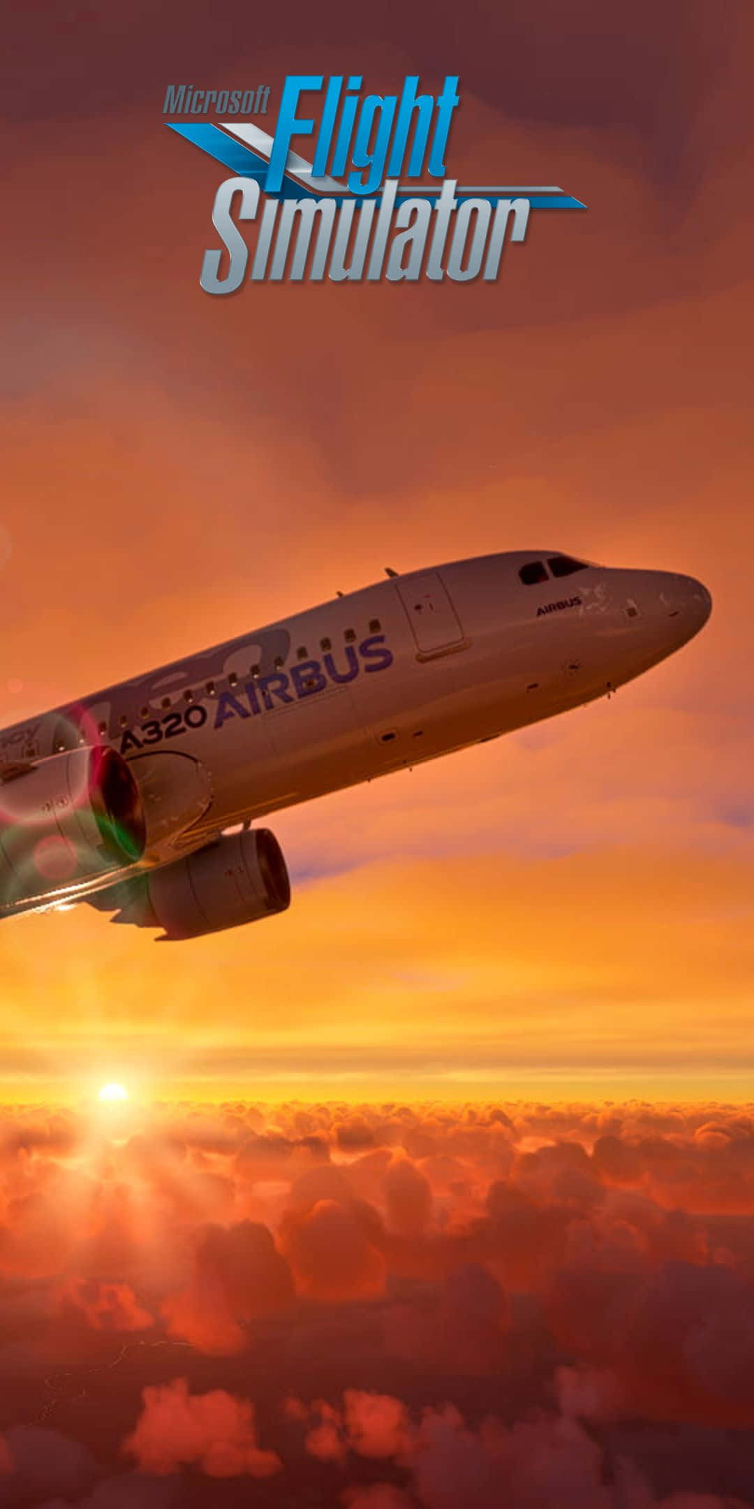 Pixel 3 Microsoft Flight Simulator 桌布 壁紙 — 一架空中巴士A320在熾熱的橙色雲層上方翱翔，太陽在下方升起，將金色光芒灑在飛機上。
