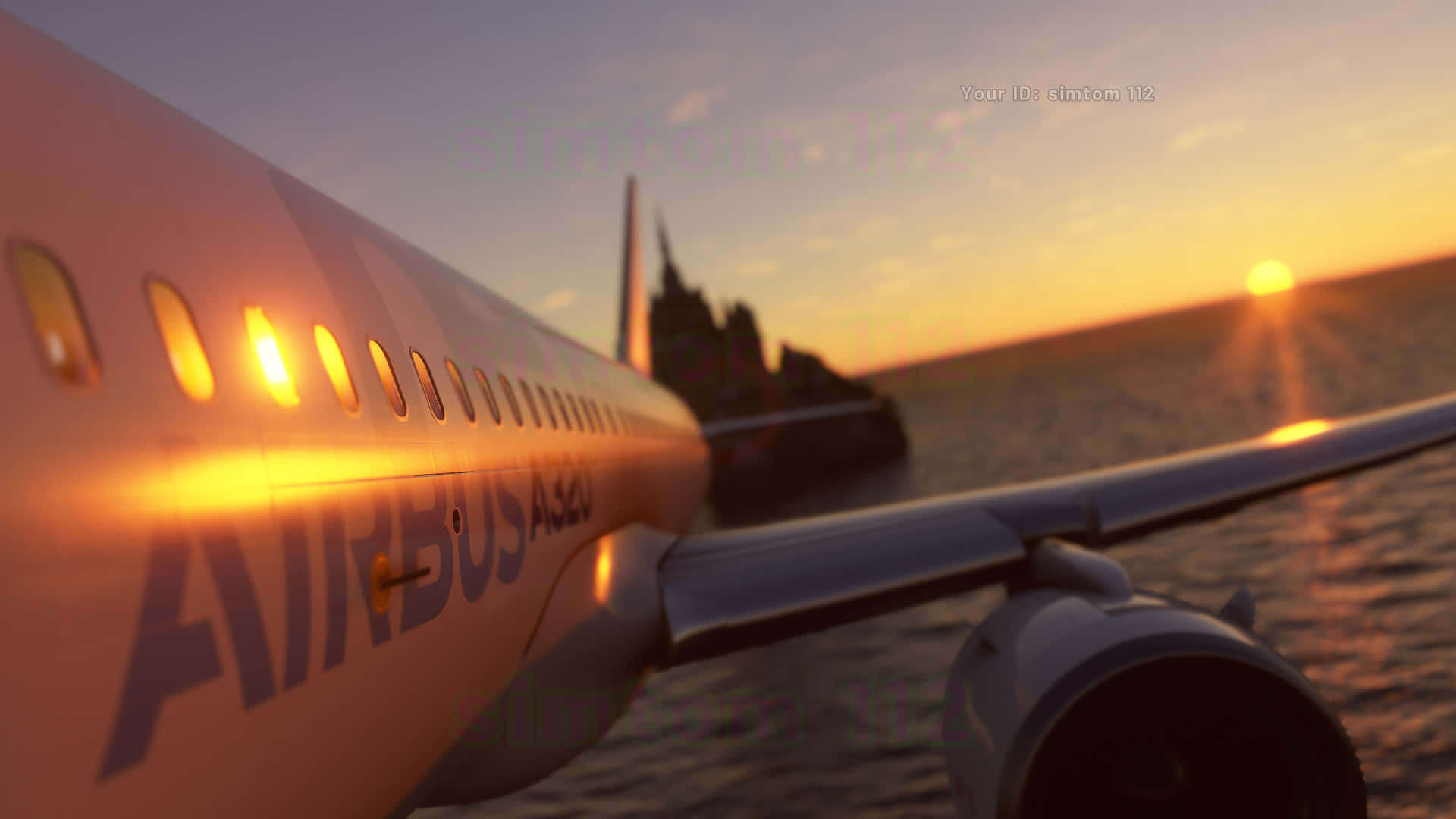 1080p Microsoft Flight Simulator 桌布 壁紙 — 一架空中巴士A320飛機在日落時分停在水面上，機艙燈光閃爍，溫暖的橙色天空。