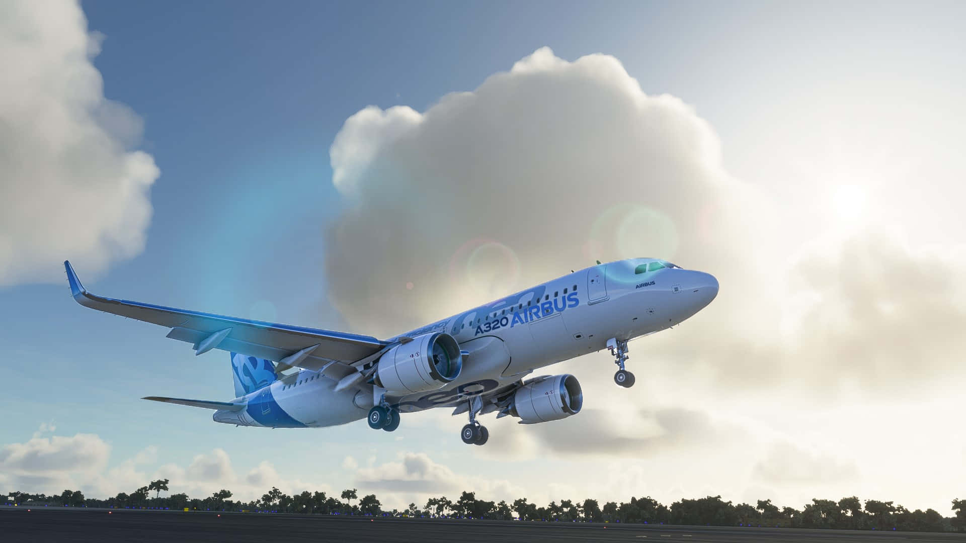 1080p Microsoft Flight Simulator 桌布 壁紙 — 一架空中巴士A320飛機在明亮的天空下從跑道起飛，天空中有蓬鬆的雲朵和鏡頭光暈。