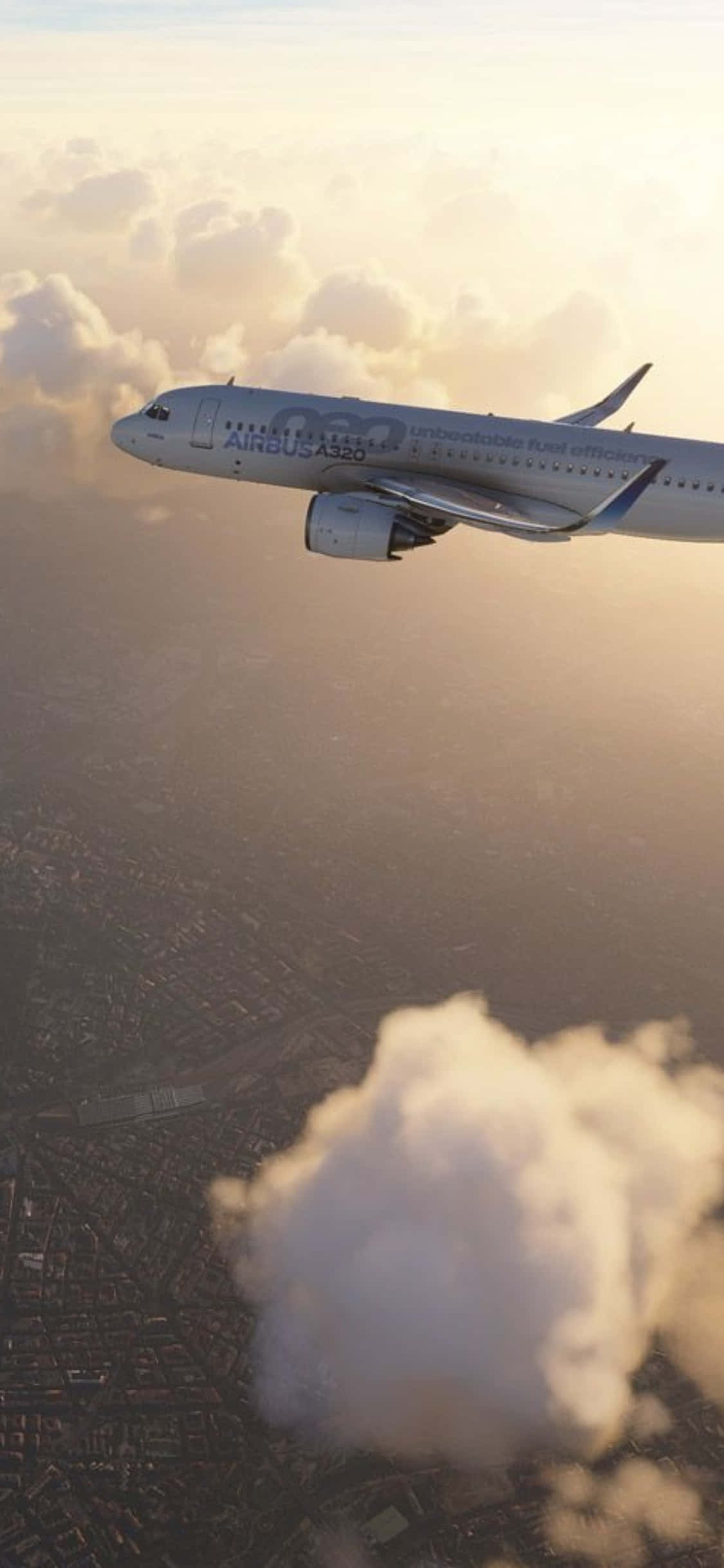 iPhone Xs Microsoft Flight Simulator 桌布 壁紙 — 一架空中巴士A350在蓬鬆的雲層上優雅翱翔，下方是沐浴在金色日出光芒中的廣闊城市景觀。