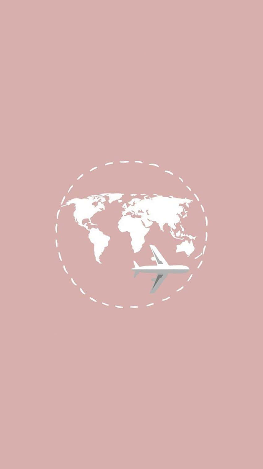 Android Travel 桌布 壁紙 — 一架簡約白色飛機飛近一個虛線圓圈，圓圈內包含世界地圖，背景為柔和粉紅色。