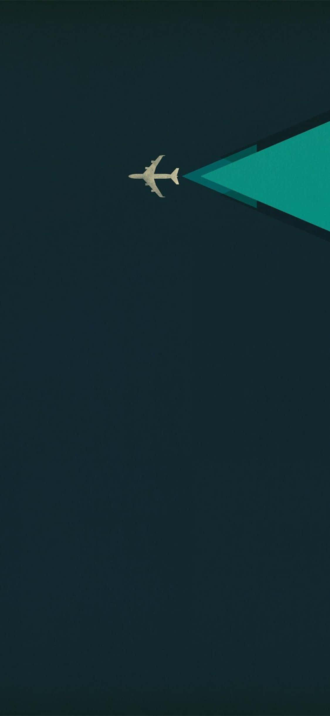 iPhone Xs Minimal 桌布 壁紙 — 一架簡約風格的飛機在深藍綠色天空中飛行，留下一道鮮豔的藍綠色三角形軌跡。