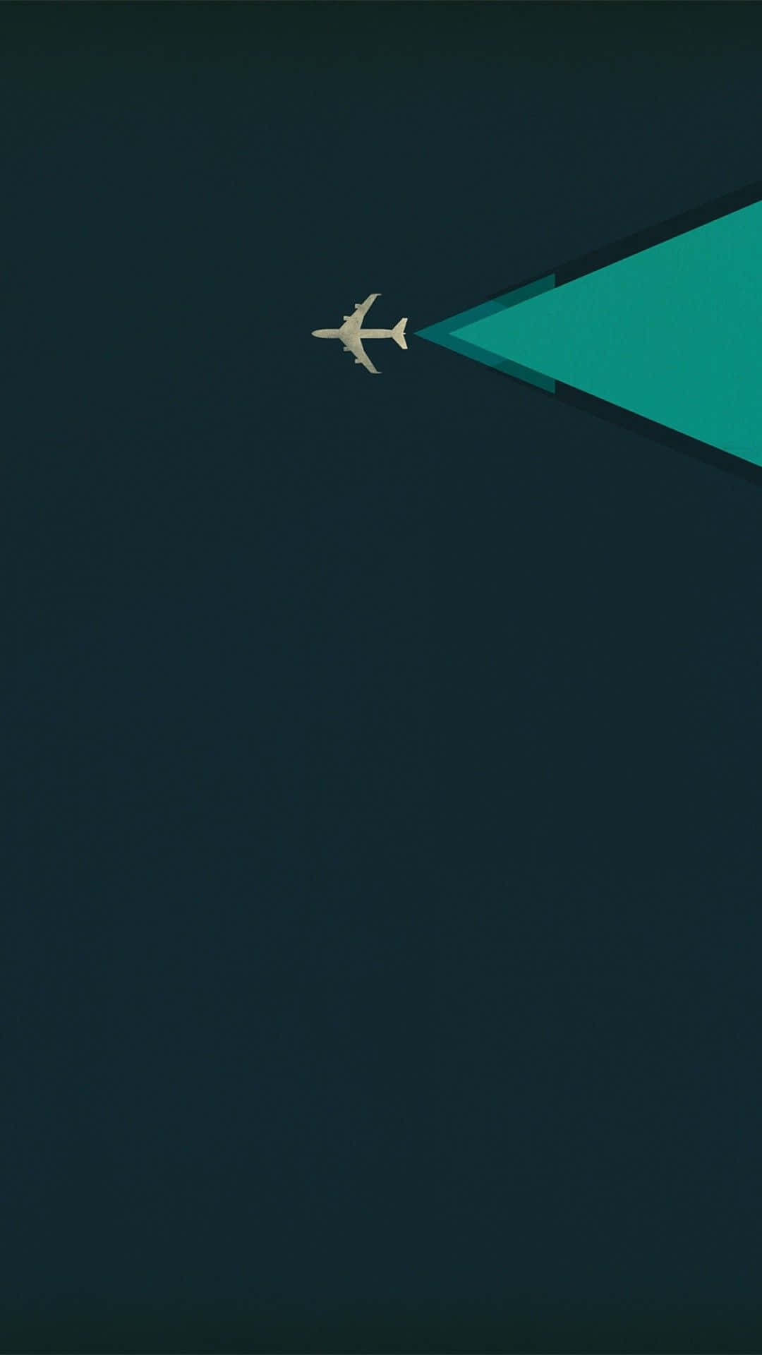 飛機 桌布 壁紙 — 一架簡約風格的飛機在深藍綠色的天空中滑翔，留下一道鮮豔的綠色光錐。