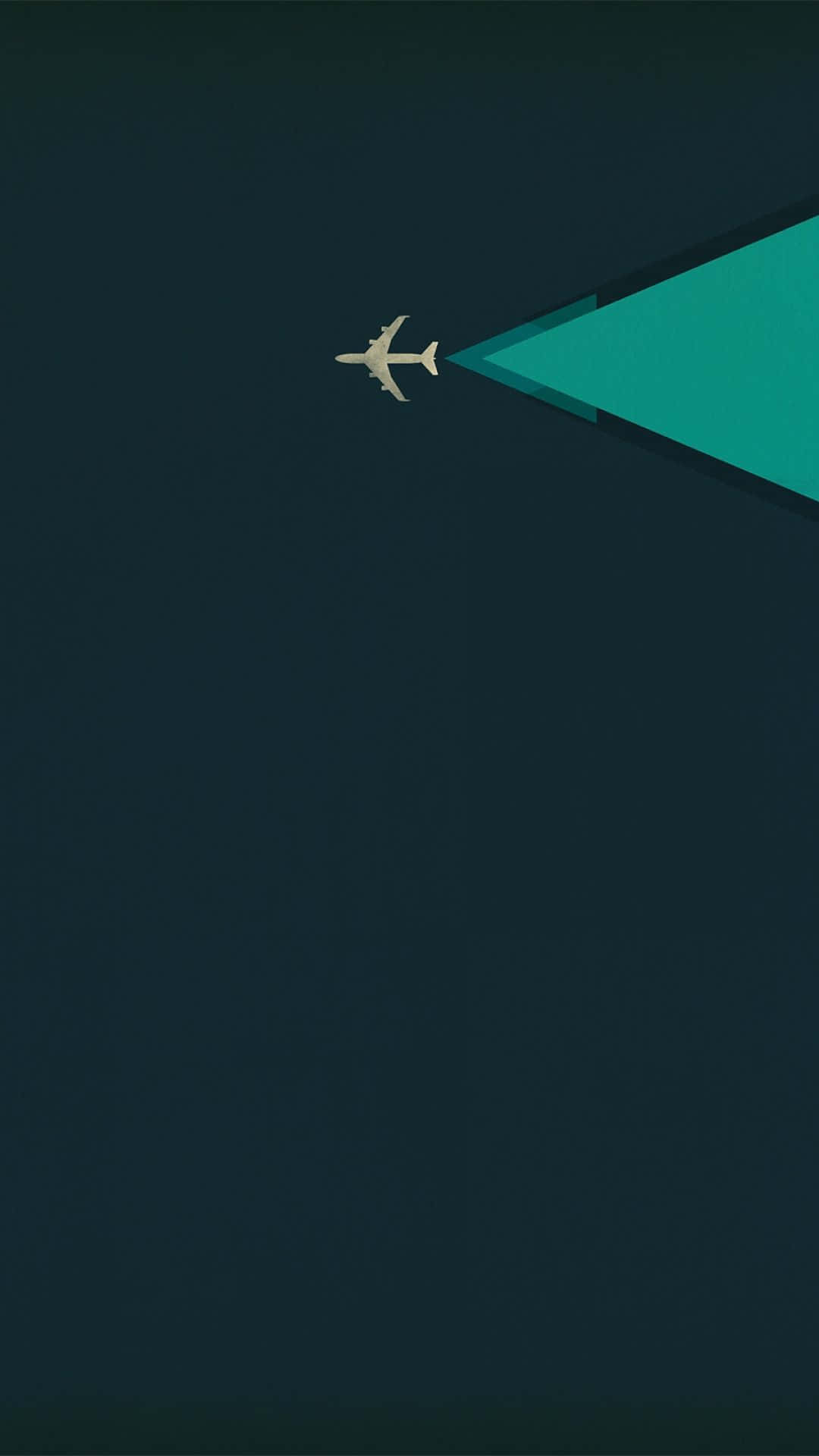 飛機 桌布 壁紙 — 一架簡約風格的飛機飛過深藍綠色天空，留下明亮的藍綠色三角形軌跡。
