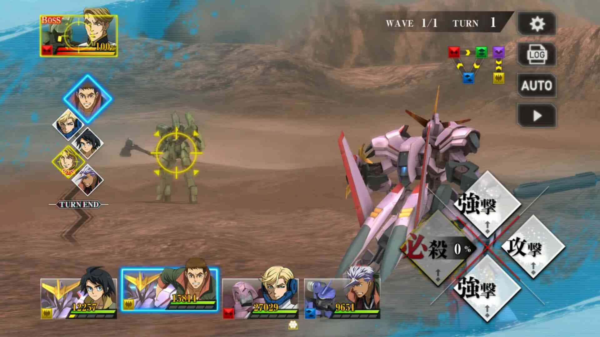 Mobile Suit Gundam Iron-blooded Orphans 桌布 壁紙 — 一架粉紅色和白色的機甲在沙漠戰場上與綠色敵方機甲戰鬥，並帶有遊戲 UI 疊加層。