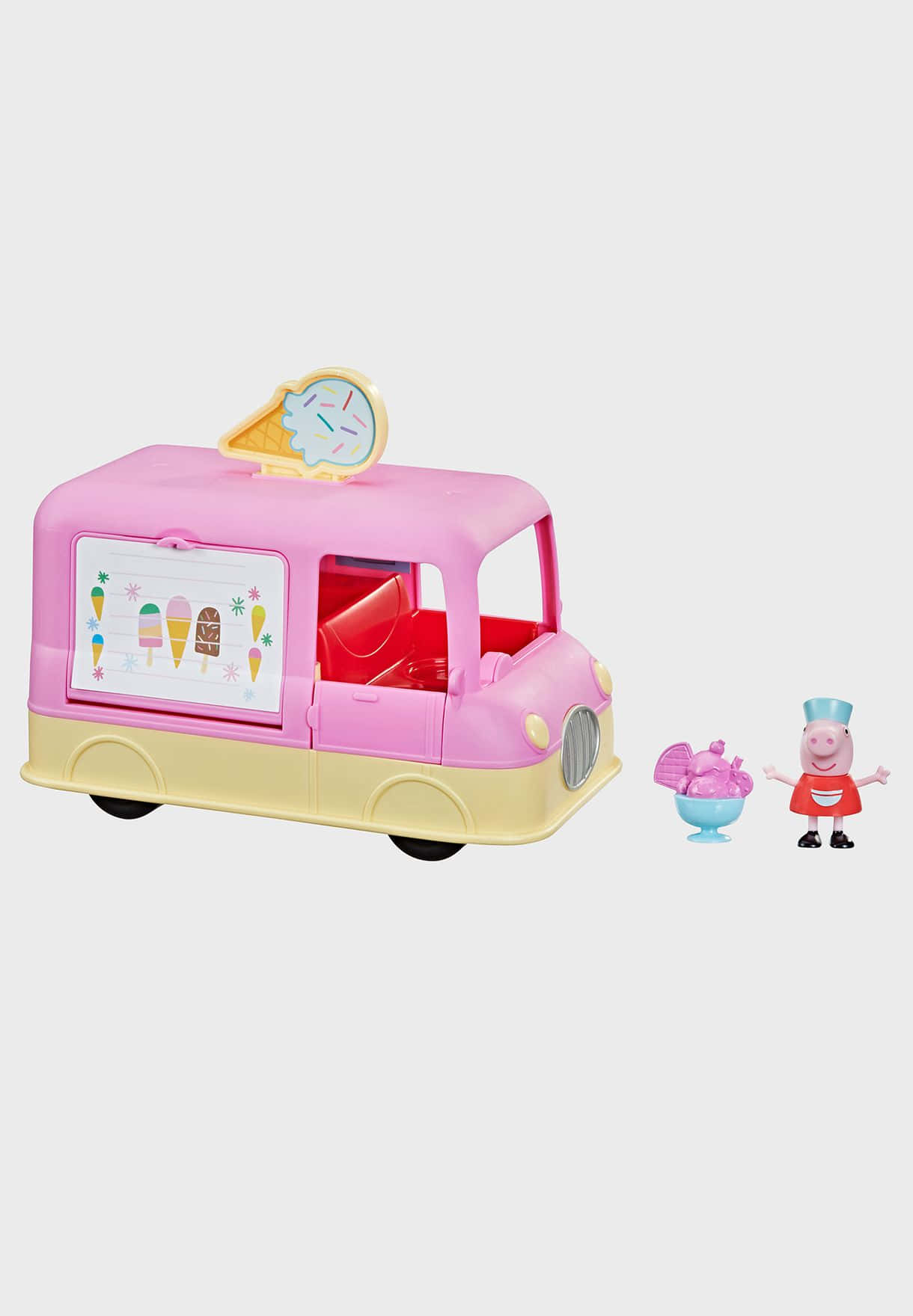 Ice Cream Truck 桌布 壁紙 — 一架粉紅色和黃色的玩具冰淇淋車，旁邊有一個 Peppa Pig 公仔，手持一碗粉紅色冰淇淋，背景簡潔。