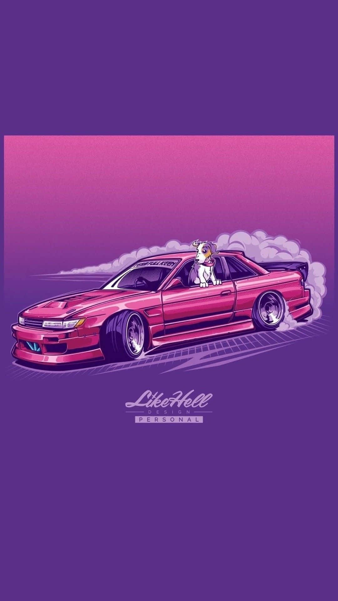  壁紙 — 一架粉紅色甩尾車，乘客座位上有隻狗，在紫色漸層天空下揚起煙霧。