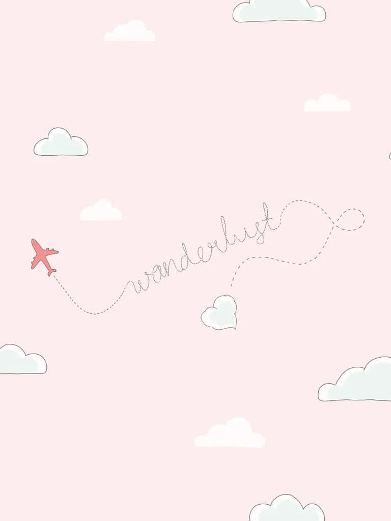 768x1024 桌布 壁紙 — 一架粉紅色飛機在柔和雲朵中拖出「wanderlust」字樣，背景是粉彩天空。