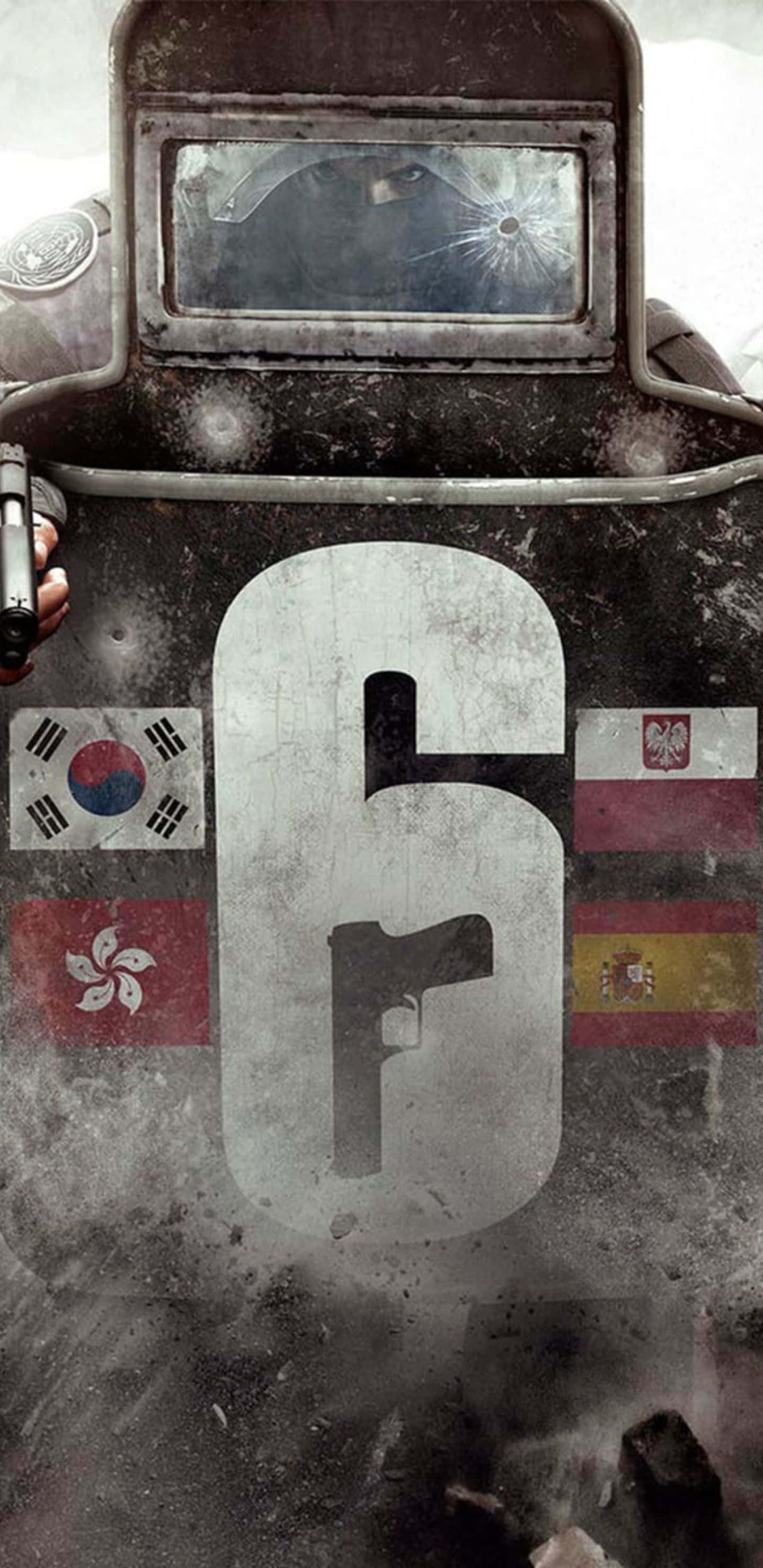 Pixel 3xl Rainbow Six Siege 桌布 壁紙 — 一架粗糙的裝甲車，帶有破裂的護目鏡和一個大數字六，上面有被旗幟包圍的槍支輪廓。