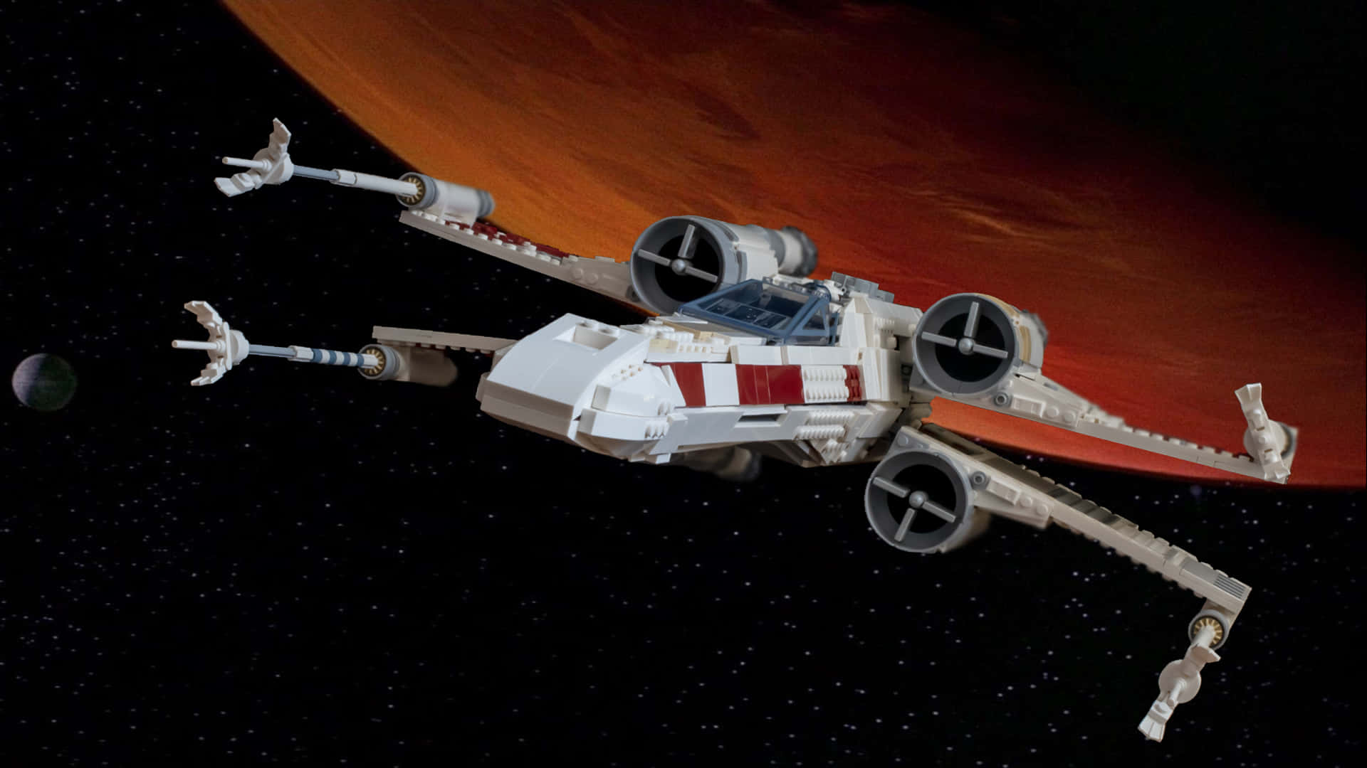 The Z-95 Headhunter 桌布 壁紙 — 一架精細的LEGO X-wing戰機在繁星點點的太空翱翔，背景中一個巨大的紅色星球赫然在目。