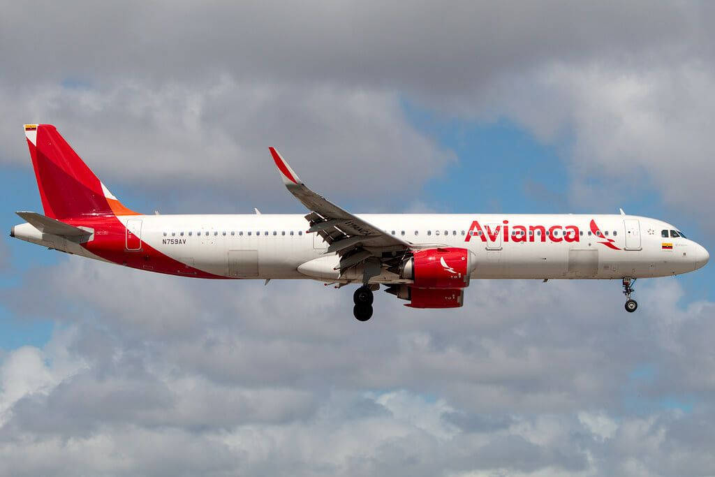 Plane 桌布 壁紙 — 一架紅白塗裝的 Avianca 客機正在部分多雲的天空中爬升，起落架已放下。