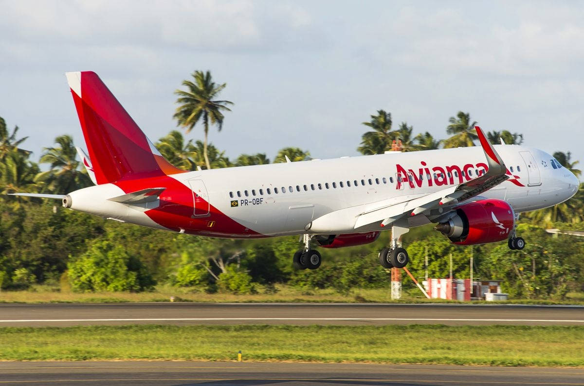 Plane 桌布 壁紙 — 一架紅白塗裝的 Avianca 飛機在多雲的天空下，從兩旁種滿棕櫚樹的熱帶跑道起飛。