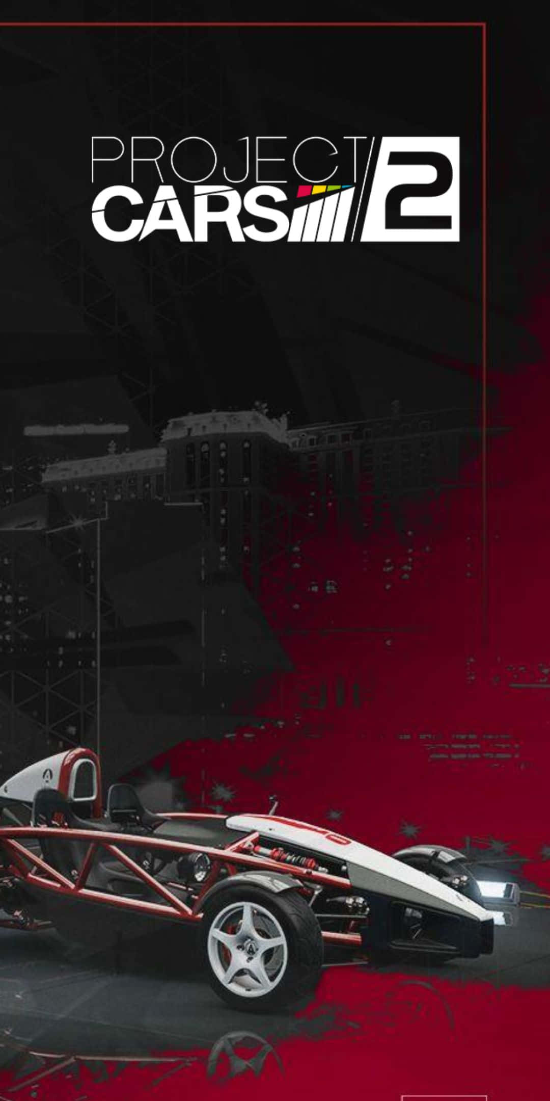 Pixel 3 Project Cars 2 桌布 壁紙 — 一架紅白相間、車架外露的賽車，停在黑暗的城市環境中，帶有醒目的紅色潑濺效果和「Project CARS 2」標誌。