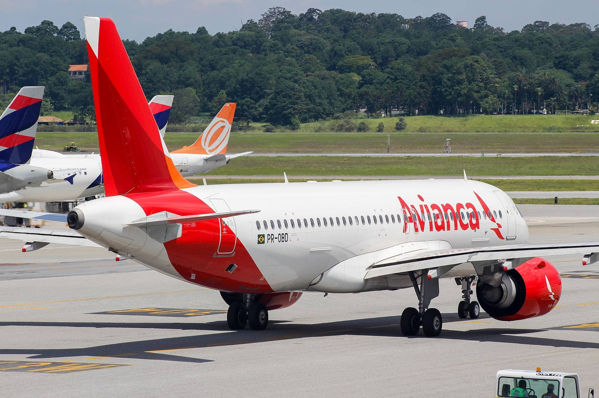Plane 桌布 壁紙 — 一架紅白相間的 Avianca 飛機在陽光明媚的機場停機坪上滑行，背景是茂密的綠樹。