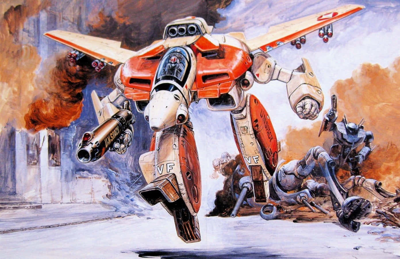 robotech 桌布 壁紙 — 一架紅白相間的VF-1S可變戰鬥機甲在煙霧瀰漫的城市戰場中翱翔，而一架被擊敗的銀色機甲則被壓碎在下方。