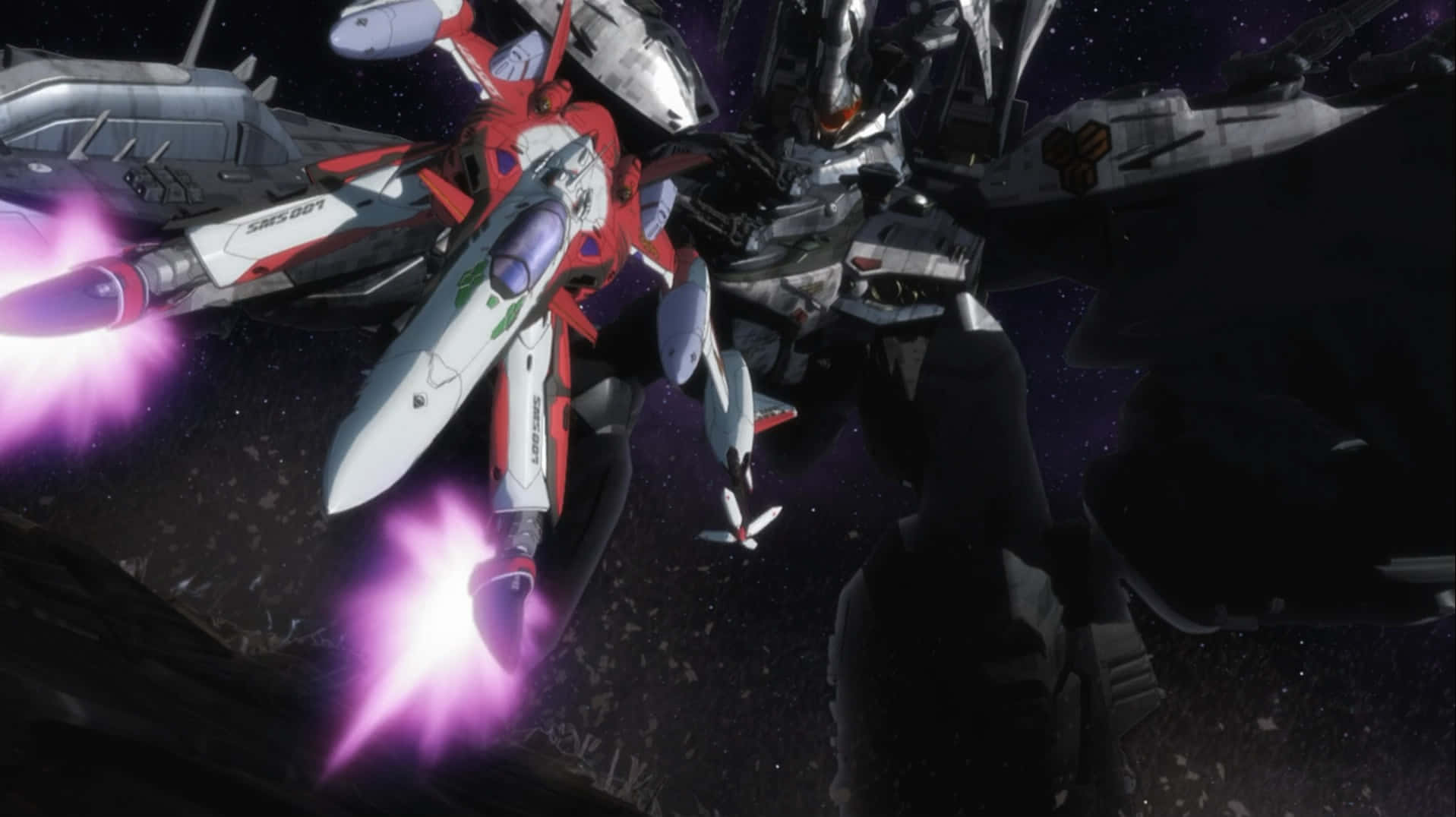Macross 桌布 壁紙 — 一架紅白相間的戰鬥機在星際太空戰中發射紫色等離子炮，對抗黑暗的機械敵人。