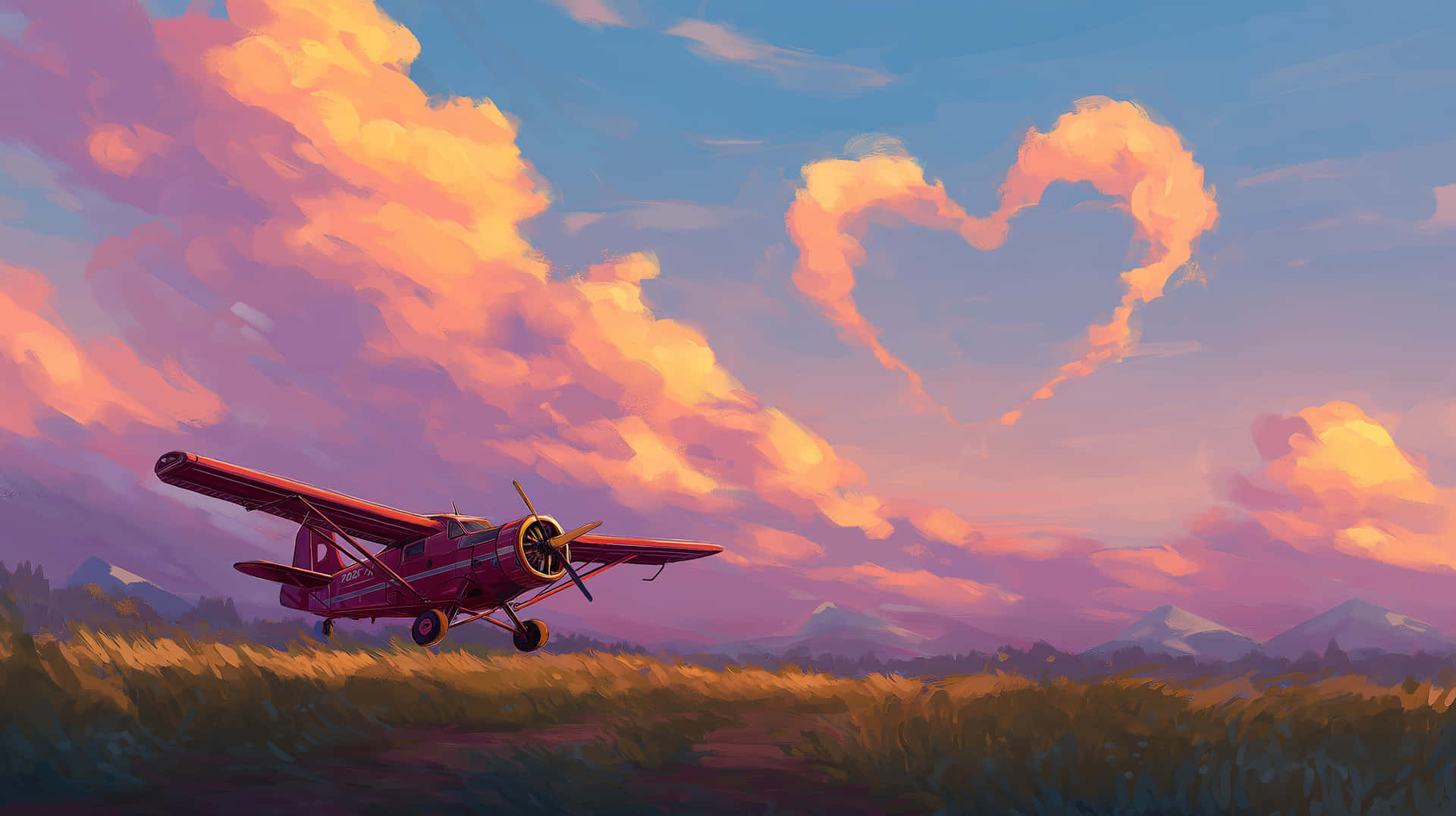 Airplane Forming Heart in Vibrant Sky over Landscape 壁紙 — 一架紅色復古飛機從草地起飛，心形雲在日落天空中發光。