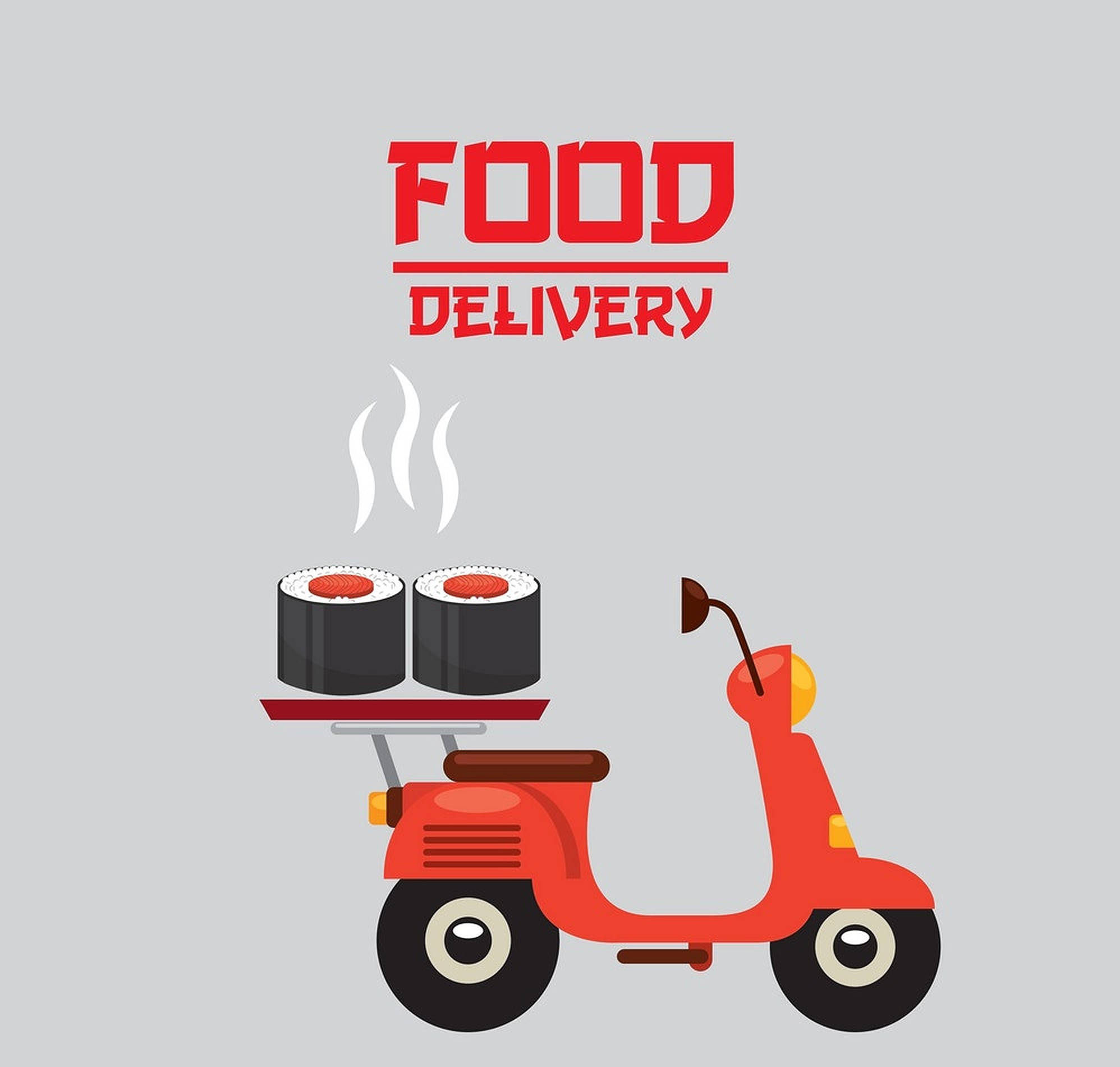 Delivery 桌布 壁紙 — 一架紅色機車在灰色背景上，於粗體紅色外送文字下方運送冒煙的壽司卷。