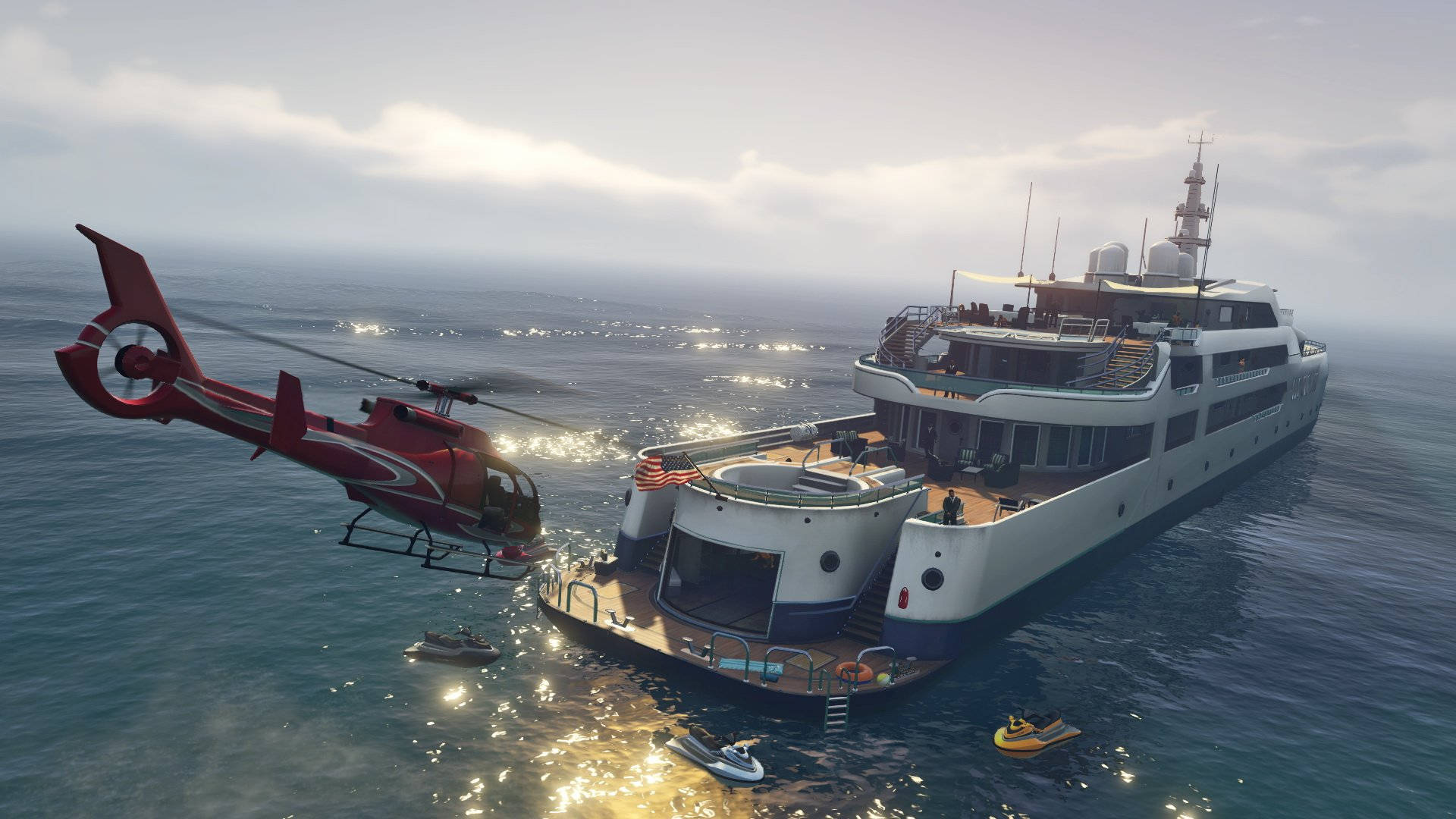 Gta 桌布 壁紙 — 一架紅色直升機盤旋在一艘漂浮於波濤洶湧海面上的大型白色遊艇上空，天空多雲。