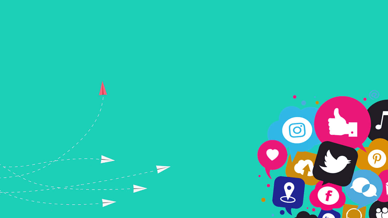 Social Media Logos 桌布 壁紙 — 一架紅色紙飛機向左翱翔，拖曳虛線，經過一組色彩繽紛的社交媒體圖示，背景為青綠色。