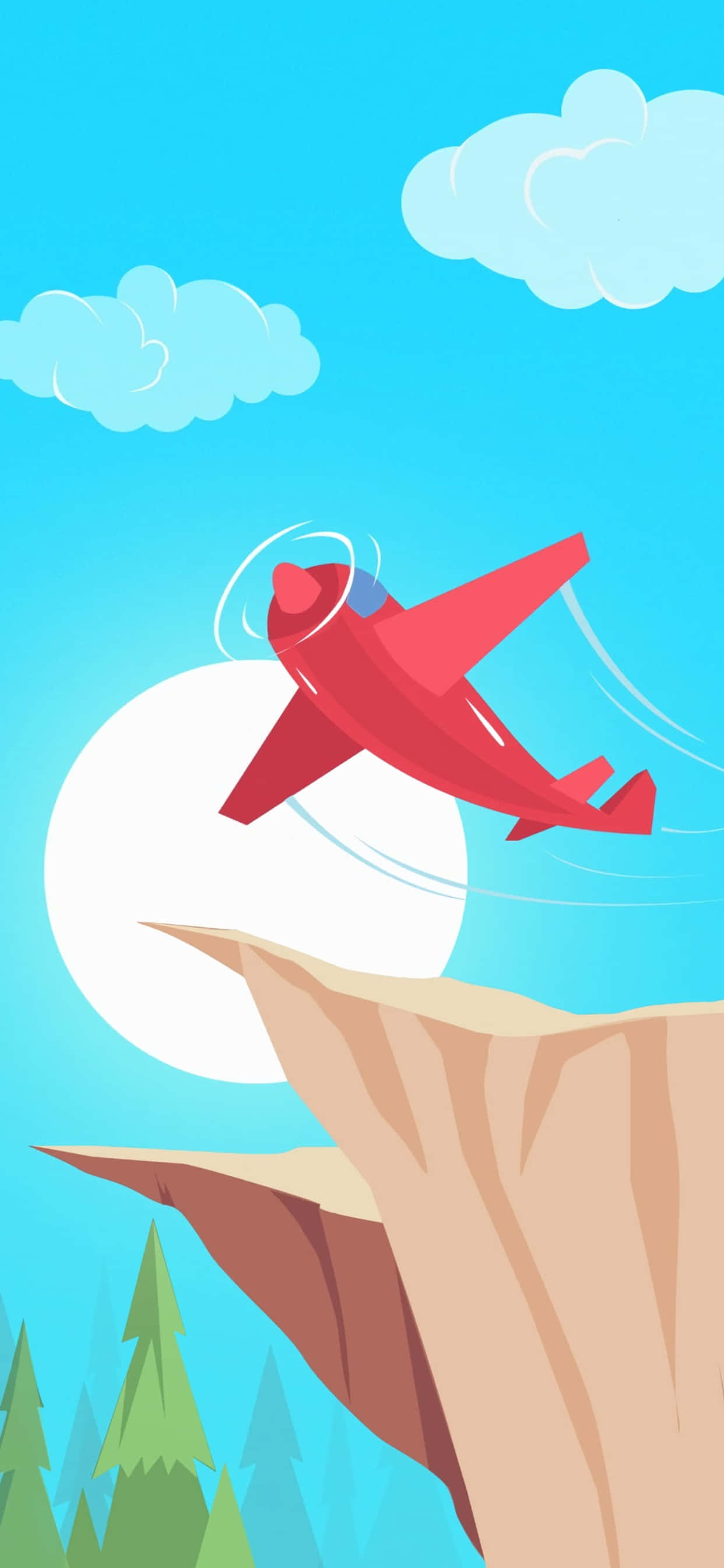 iPhone Xs Max Small Planes 桌布 壁紙 — 一架紅色螺旋槳飛機飛過懸崖邊緣，背景是明亮的藍天，有一個巨大的白色太陽和蓬鬆的雲朵。