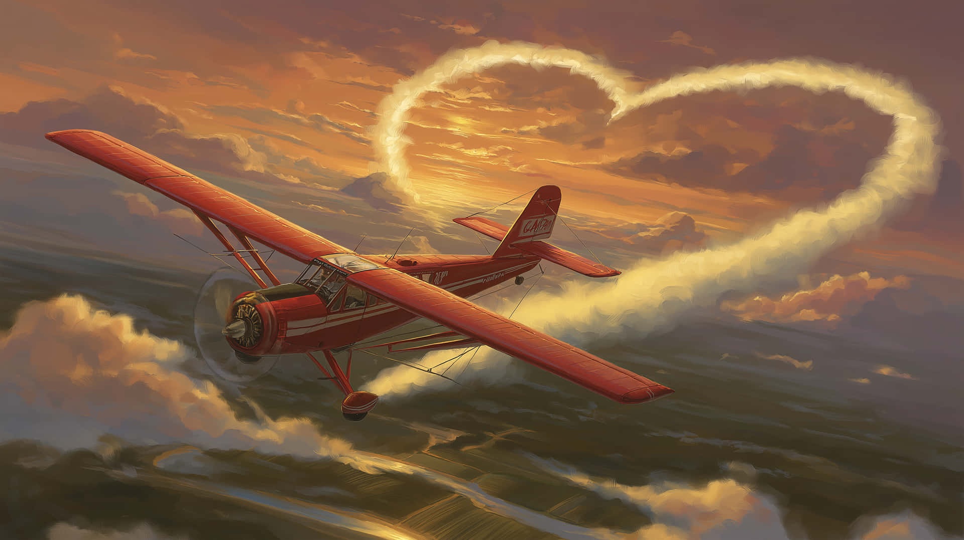 Airplane Creating Heart Shape in Sky at Sunset 壁紙 — 一架紅色雙翼飛機在金色日落天空中飛翔，在蓬鬆的雲層上方留下心形煙霧痕跡。