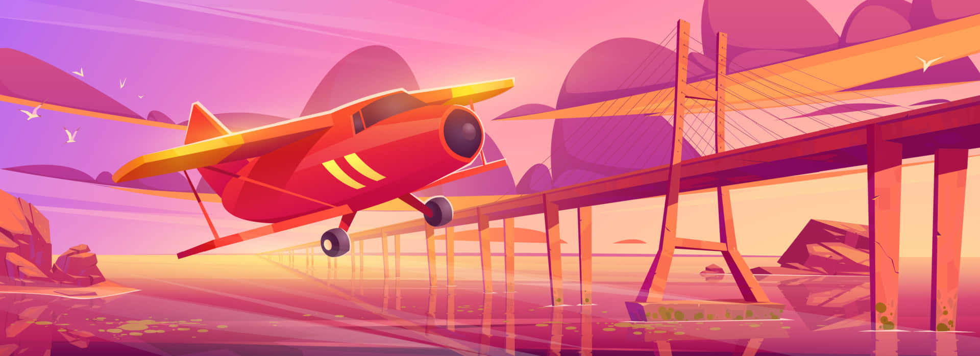 Plane 桌布 壁紙 — 一架紅黃相間的雙翼飛機在日落時低飛過一座橋，天空呈現紫色和橙色。