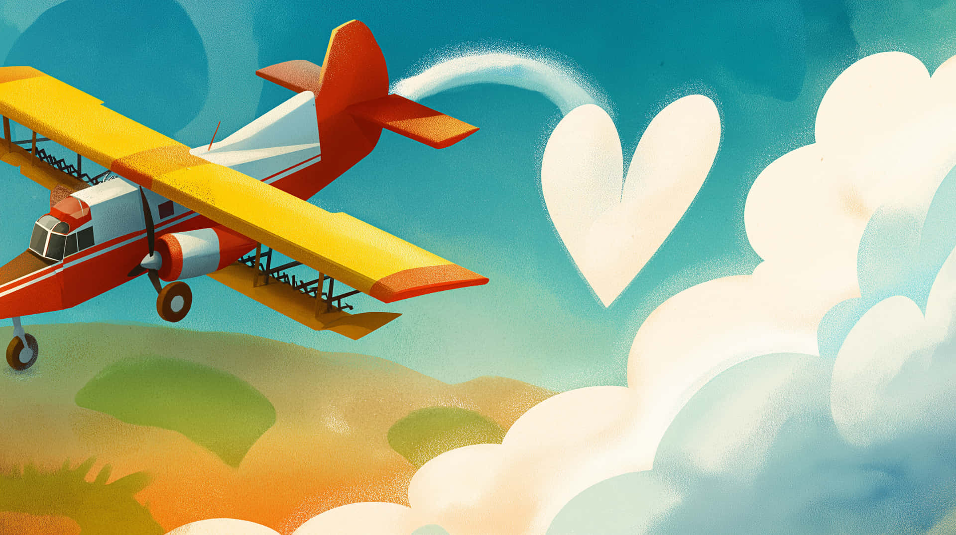 Cartoon Biplane Drawing Heart Cloud in Blue Sky 壁紙 — 一架紅黃雙翼飛機飛過藍天，在 fluffy 雲層上方留下白色心形煙霧痕跡。