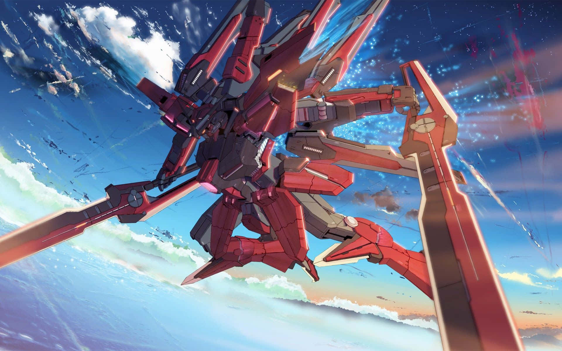 Anime Pc 桌布 壁紙 — 一架紅黑機甲在一個有旋轉雲層和發光能量軌跡的行星上空戰鬥。