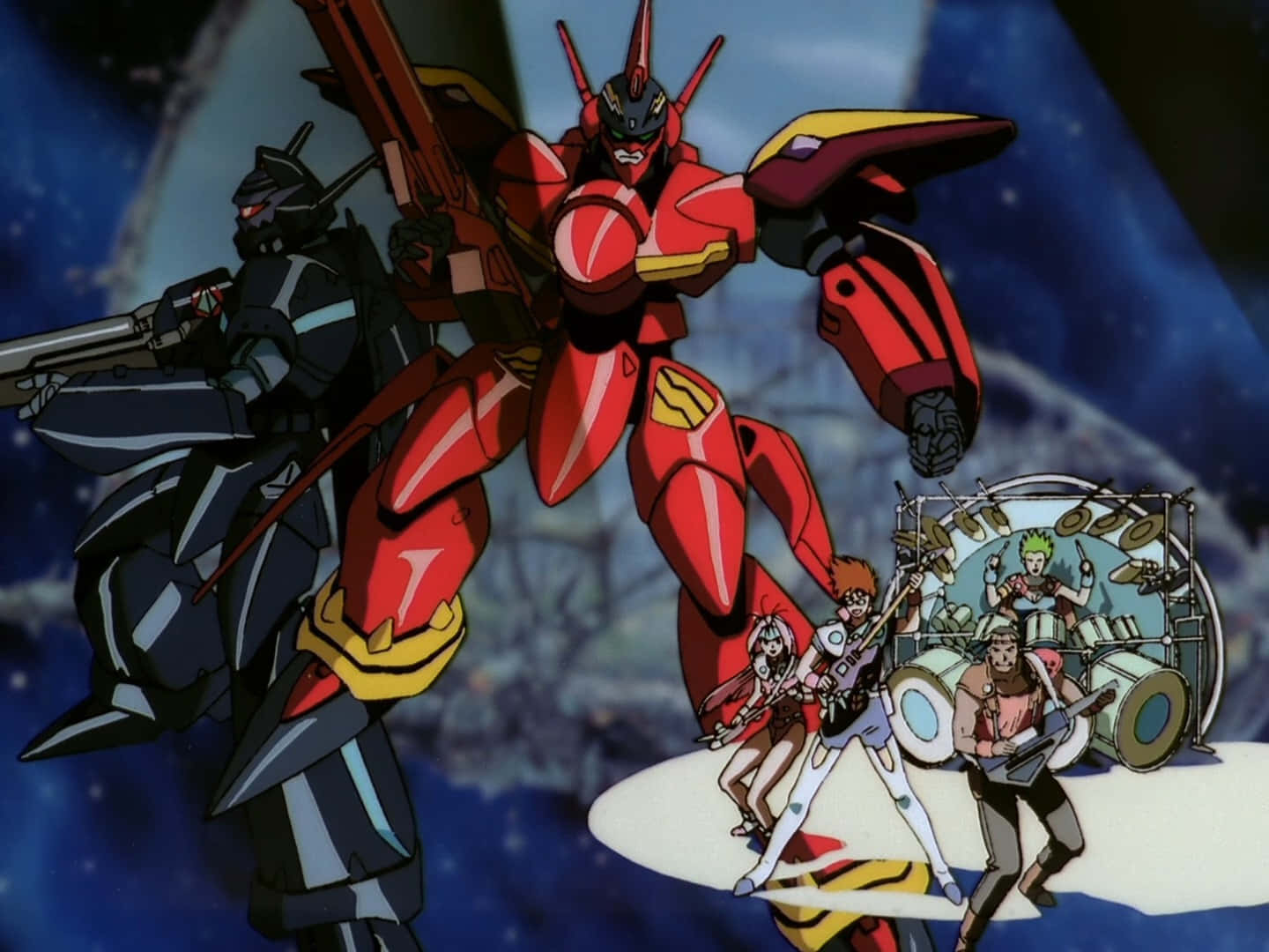 Macross 桌布 壁紙 — 一架紅黑機甲守護著在浮動舞台上表演的搖滾樂團，背景是繁星點點的宇宙。