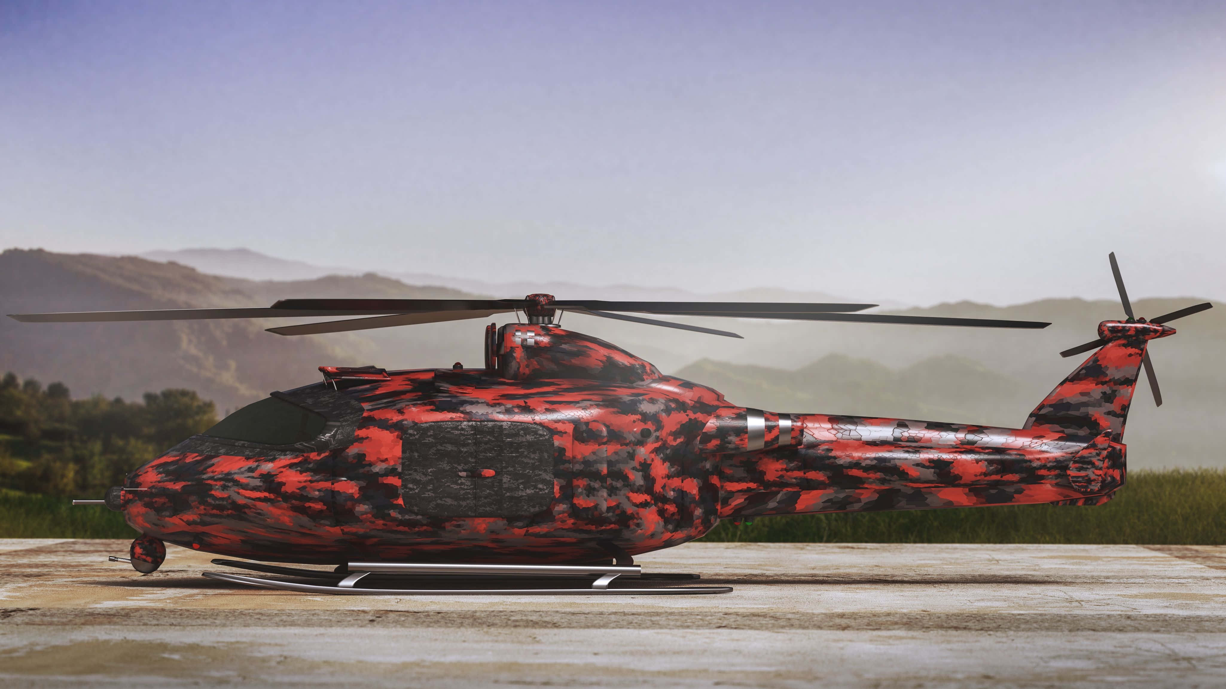 Helicopter 桌布 壁紙 — 一架紅黑迷彩直升機停放在混凝土墊上，背景是蒼白天空下的朦朧山脈。