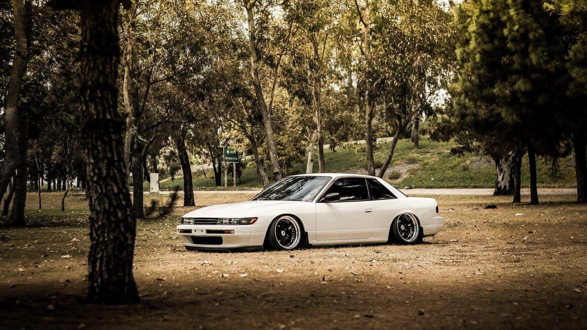 JDM 桌布 壁紙 — 一架純白色的日產S14轎跑車，配備訂製輪圈，停泊在寧靜森林中一條被高樹環繞的泥路上。